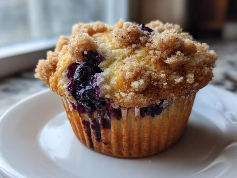 A close-up of a perfectly baked blueberry muffin featuring a generous, sugary crumb topping and visible burst blueberries.