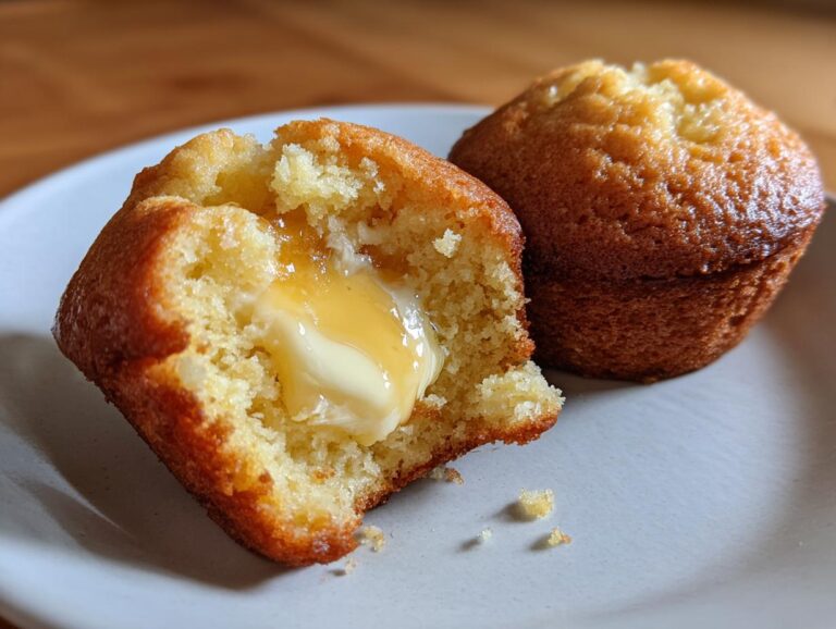 Close-up of moist cornbread muffins, one split open revealing melting butter and honey inside.