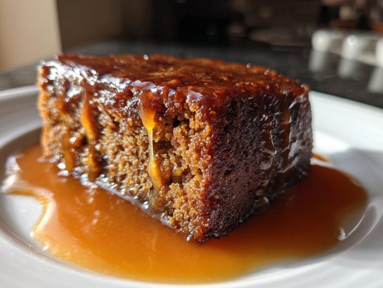 A close-up of a rich, dark slice of sticky toffee pudding recipe covered in dripping toffee sauce.