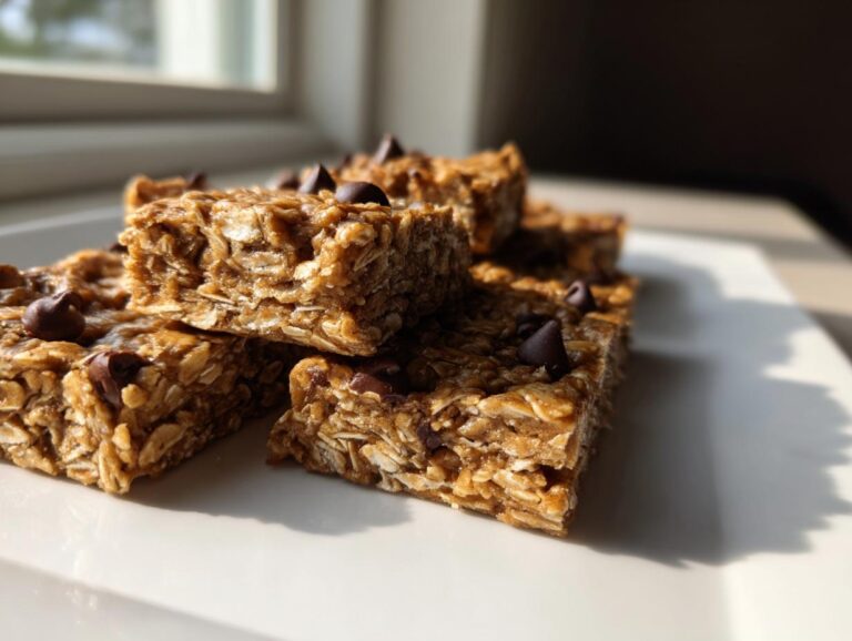 Close-up of stacked, no-bake chocolate chip protein bar pieces on a white plate.