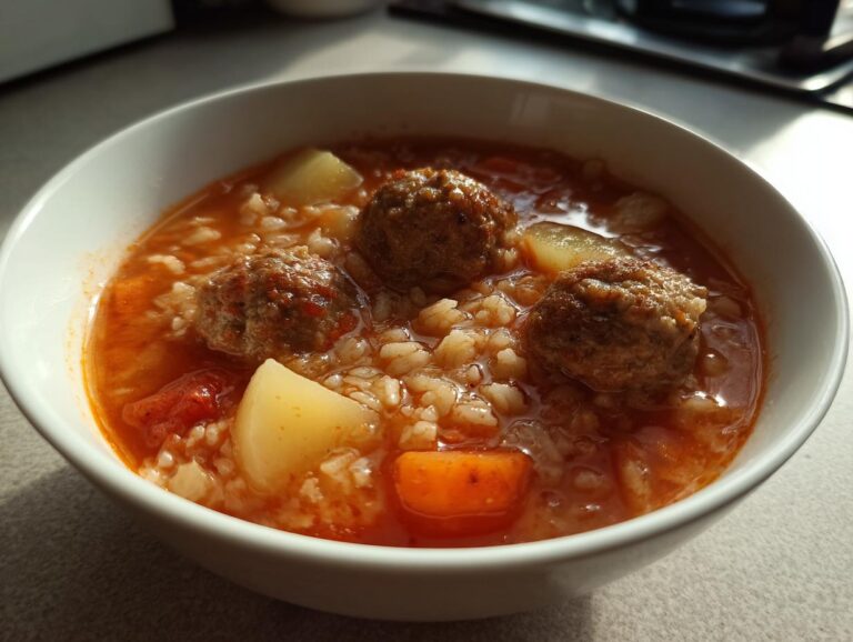 Close-up of a white bowl filled with rich, tomato-based albondigas soup featuring meatballs, rice, potatoes, and carrots.