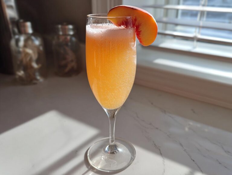 A sparkling peach bellini recipe cocktail served in a flute glass, garnished with a fresh peach slice.