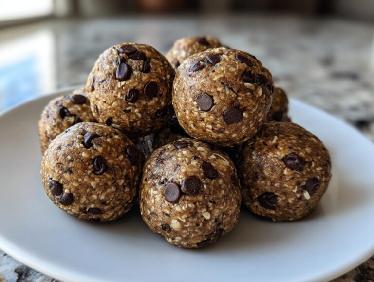 A close-up stack of homemade peanut butter protein balls studded with mini chocolate chips on a white plate.