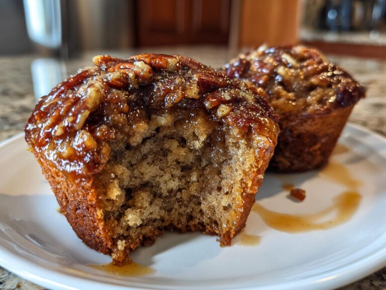 A pecan pie muffin, with a bite taken out, showing the moist interior and sticky pecan topping.