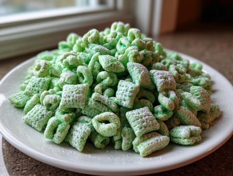 A mound of bright green, powdered sugar-dusted pistachio puppy chow cereal mix on a white plate.