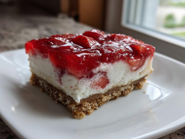 A close-up of a square slice of 3-layer pretzel salad featuring a thick pretzel crust, cream cheese layer, and strawberry topping.