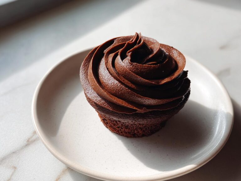A single chocolate cupcake topped with perfectly piped chocolate buttercream frosting, sitting on a small white plate.