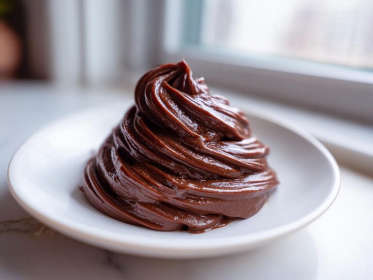A glossy swirl of rich, dark chocolate ganache piped onto a small white plate.