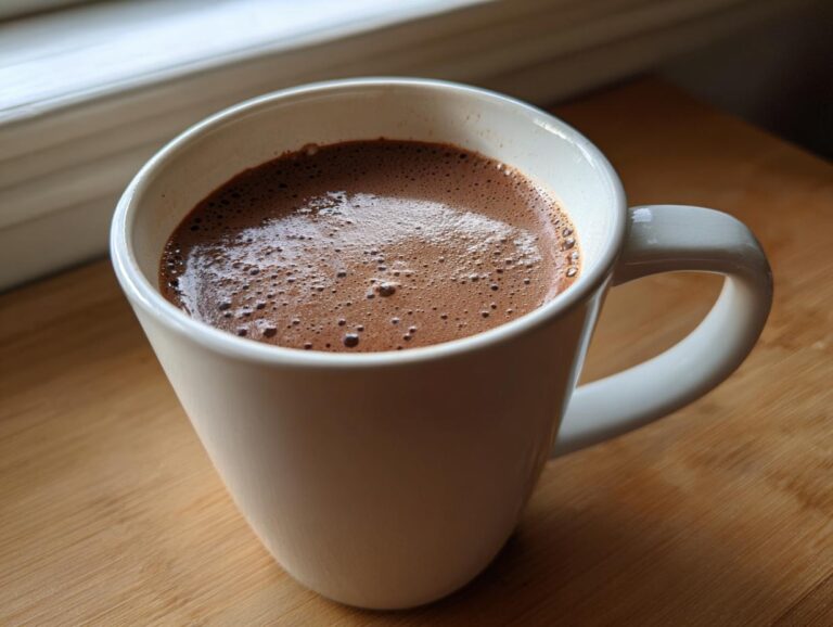 Close-up of a white mug filled with rich, frothy hot cocoa mix sitting on a wooden surface.