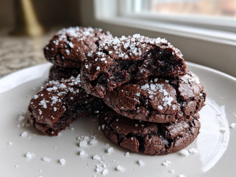 A stack of rich, dark brownie cookies topped with flaky sea salt, one cookie broken open to show the fudgy center.