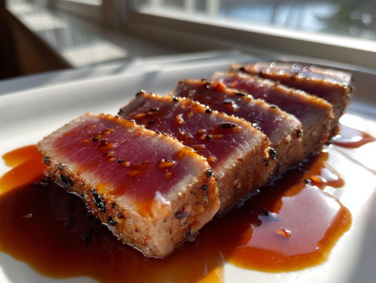 Four slices of perfectly seared tuna steak, crusted with sesame seeds and drizzled with a rich brown glaze.