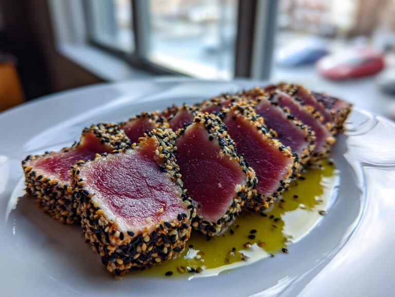 Slices of seared tuna tataki crusted with black and white sesame seeds, resting in olive oil on a white plate.