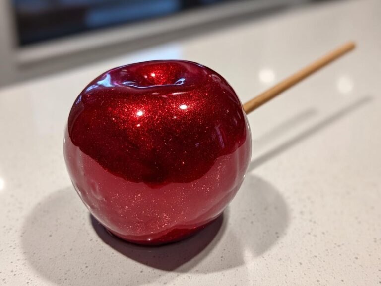 A close-up of a single, beautifully shiny, deep red candy apple coated in edible glitter, resting on a light countertop.