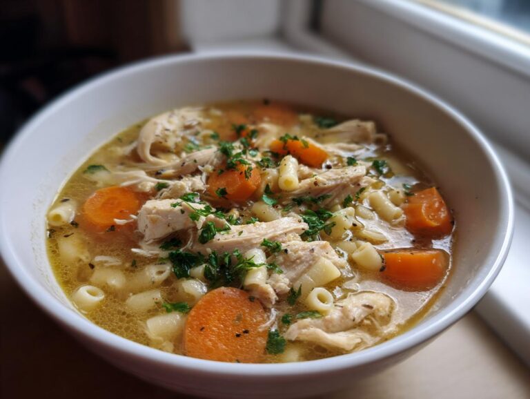 A close-up of a white bowl filled with hot sicilian chicken soup, featuring shredded chicken, sliced carrots, and elbow macaroni.