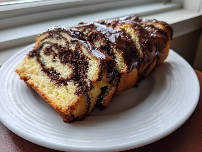 Slices of moist chocolate babka featuring a beautiful swirl pattern and drizzled with dark chocolate glaze.