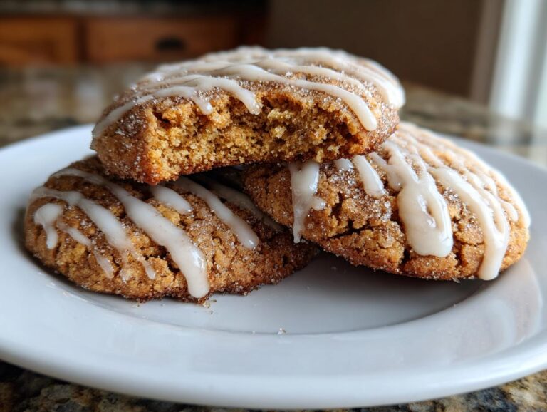 A stack of three soft apple cider cookies topped with cinnamon sugar and a white glaze drizzle.