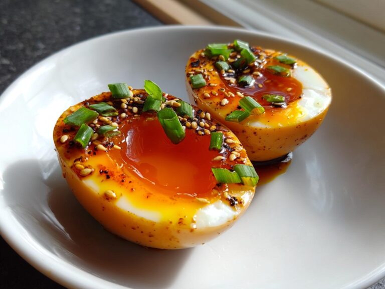 Two halves of soft-boiled marinated eggs showing runny yolks, topped with sesame seeds and green onions.