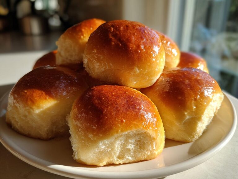 A stack of freshly baked, soft buttery rolls with a glossy, golden-brown top, sitting on a white plate.