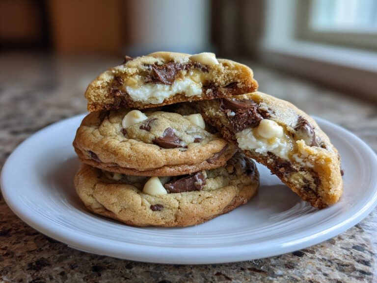 Stack of three soft cheesecake cookies, one broken open to show the creamy white cheesecake filling inside.