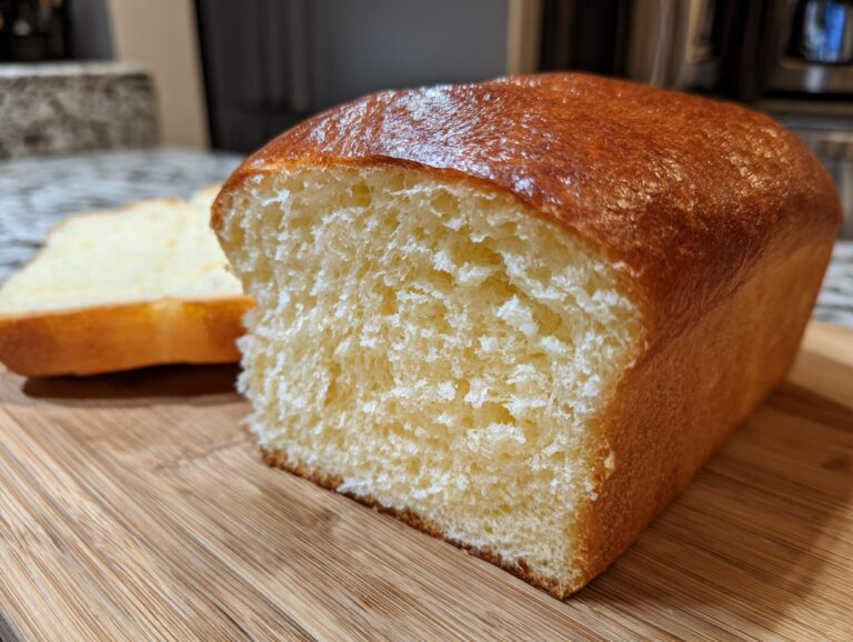 A freshly baked loaf of soft condensed milk bread, showing a golden crust and fluffy interior crumb, with one slice visible in the background.