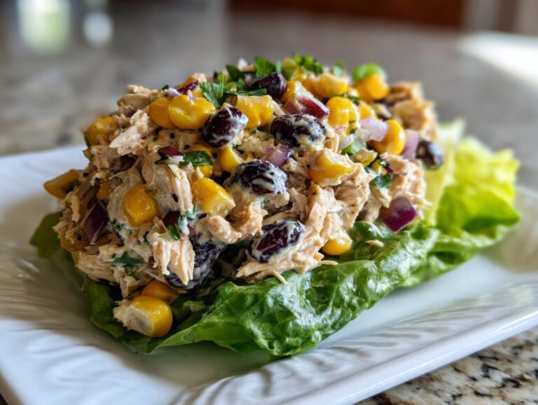 A scoop of creamy southwest chicken salad mixed with corn, black beans, and red onion, served on a crisp lettuce leaf.