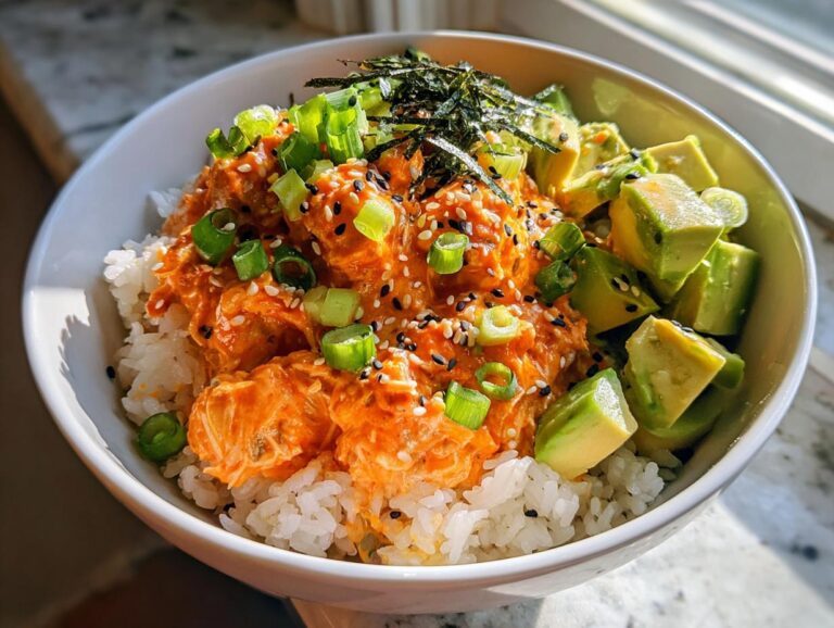 A close-up of a spicy crab sushi bowl featuring creamy orange crab mixture over white rice, topped with avocado, scallions, and seaweed.