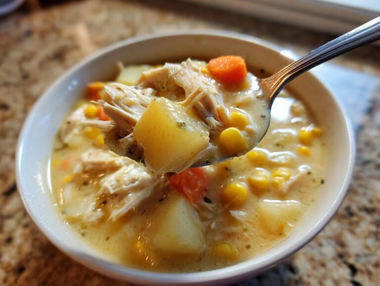 A spoonful lifted from a bowl of creamy chicken corn chowder, showing shredded chicken, potatoes, and corn.