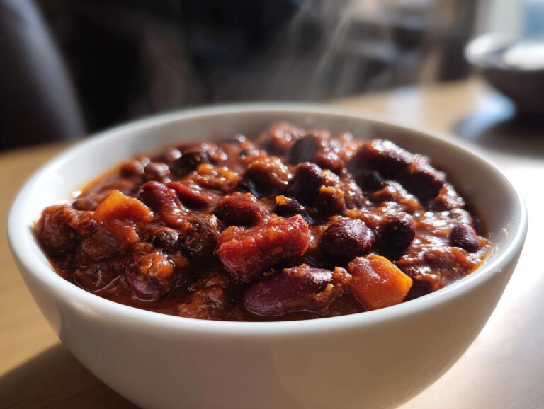 Close-up of a steaming white bowl filled with rich, dark red black bean chili.
