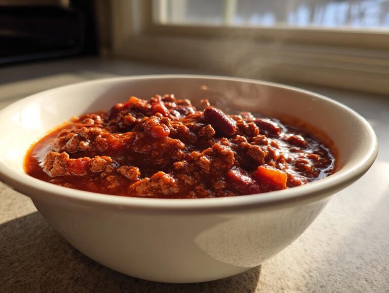 A close-up of a steaming white bowl filled with rich, thick crockpot chili featuring ground meat and kidney beans.