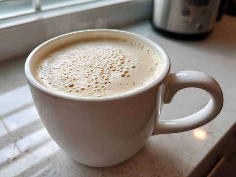 Close-up of a steaming mug filled with creamy white hot chocolate, featuring a light foam top.