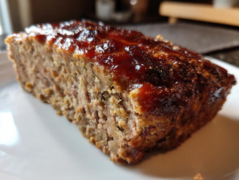 Close-up of a thick slice of stove top stuffing meatloaf topped with a shiny, dark glaze.