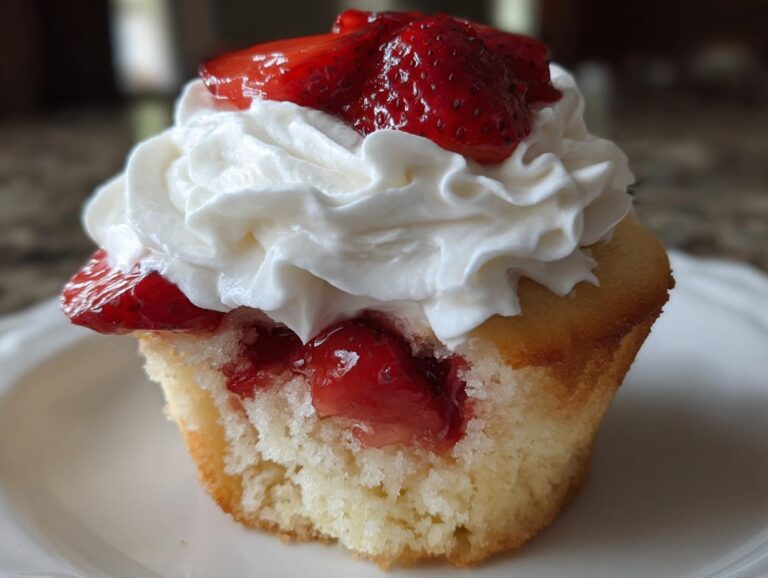 A close-up view of a single strawberry shortcake cupcakes, topped with whipped cream and macerated strawberries.