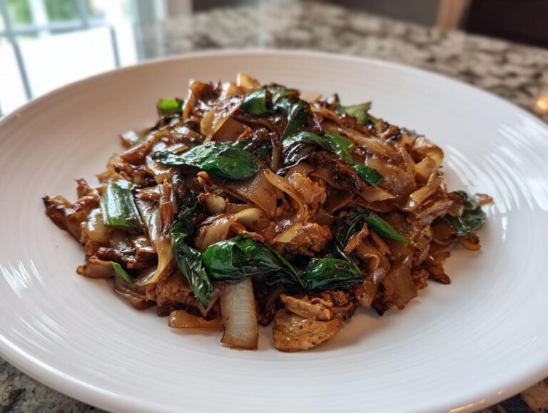 A close-up of a serving of rich, dark sauced thai drunken noodles mixed with wide rice noodles and fresh green basil leaves.