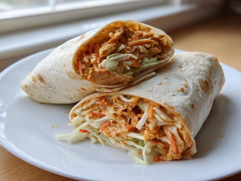 A thai peanut chicken wrap cut in half, showing shredded chicken mixed with peanut sauce and coleslaw filling.