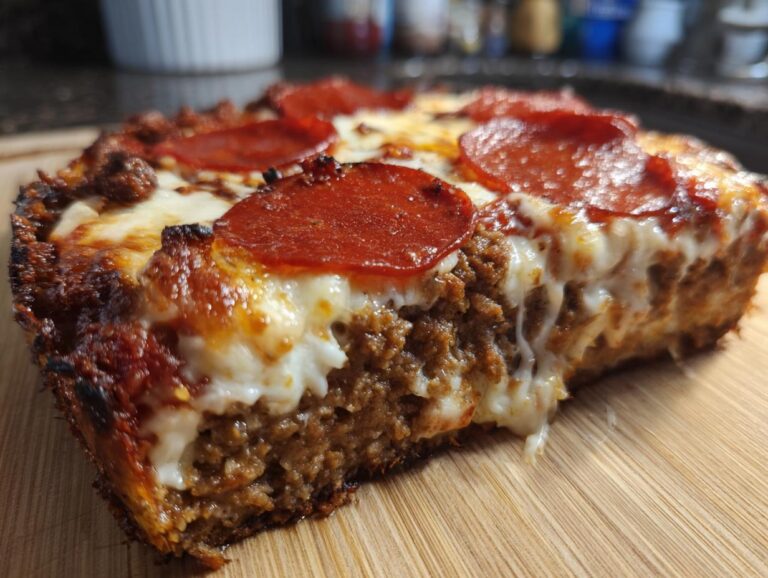 A thick slice of carnivore pizza showing a dense meat crust, melted cheese, and pepperoni slices.