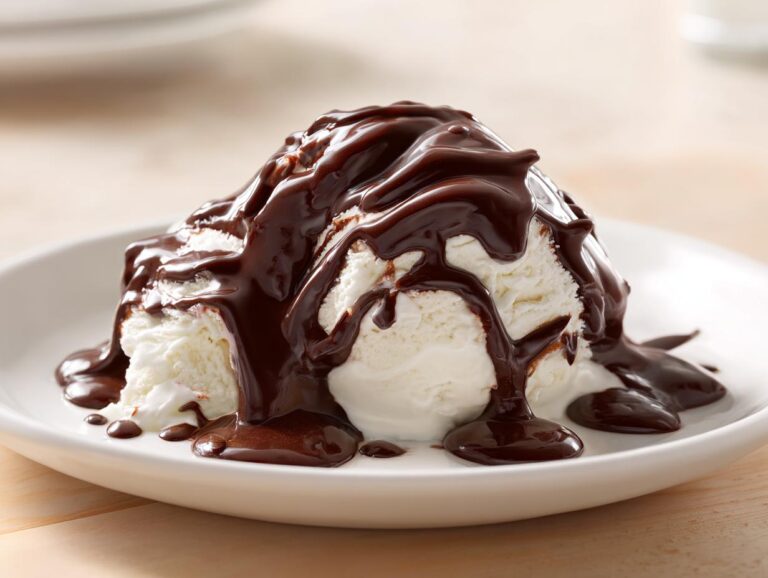 Thick, glossy chocolate sauce generously poured over scoops of vanilla ice cream served on a white plate.