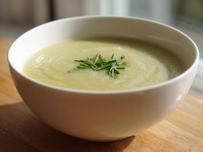 Close-up of a white bowl filled with creamy, velvety leek soup, garnished with fresh chives.