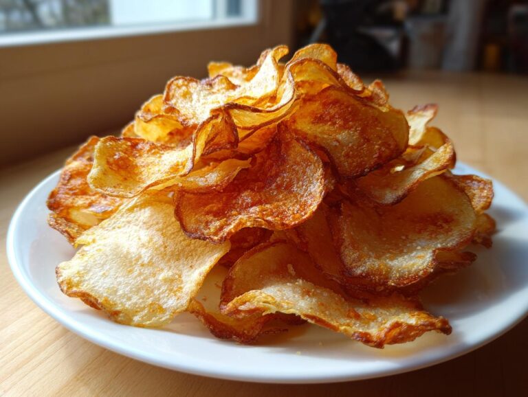 A mound of golden, wavy homemade potato chips seasoned with salt on a white plate.