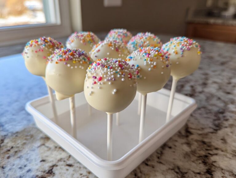A batch of smooth, white chocolate cake pops topped with colorful sprinkles, standing upright in a white tray.