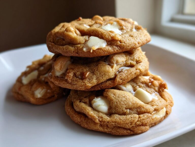 A stack of four golden brown white chocolate macadamia nut cookies on a white plate.