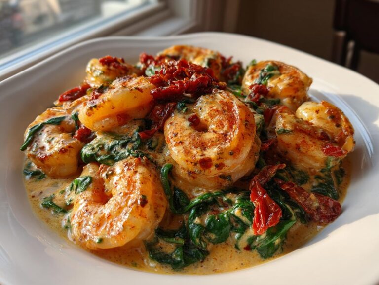 Close-up of perfectly seared Tuscan shrimp served in a creamy sauce with wilted spinach and sun-dried tomatoes.