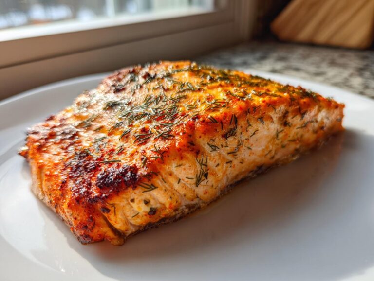 Close-up of a beautifully seasoned and cooked piece of air fryer salmon resting on a white plate.