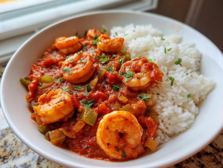 A close-up of a bowl of amazing shrimp creole, featuring plump shrimp in a rich tomato sauce with peppers, served next to fluffy white rice.