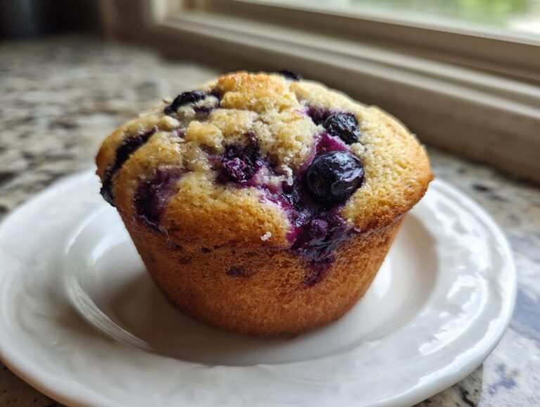 A close-up of a perfectly baked blueberry cottage cheese muffin sitting on a small white plate.