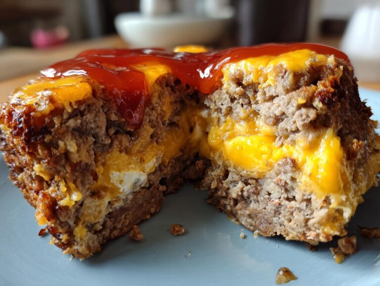 Close-up of a slice of cheeseburger meatloaf cut in half, revealing melted cheddar cheese inside and ketchup on top.