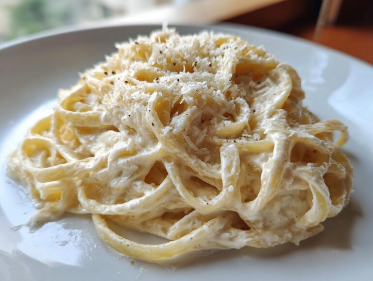 Close-up of creamy fettuccine coated in cottage cheese alfredo sauce, topped with grated cheese and black pepper.