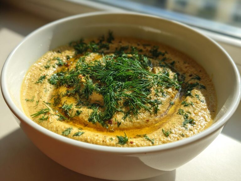 A close-up of a bowl of thick, creamy greek chickpea soup, drizzled with olive oil and topped generously with fresh dill.