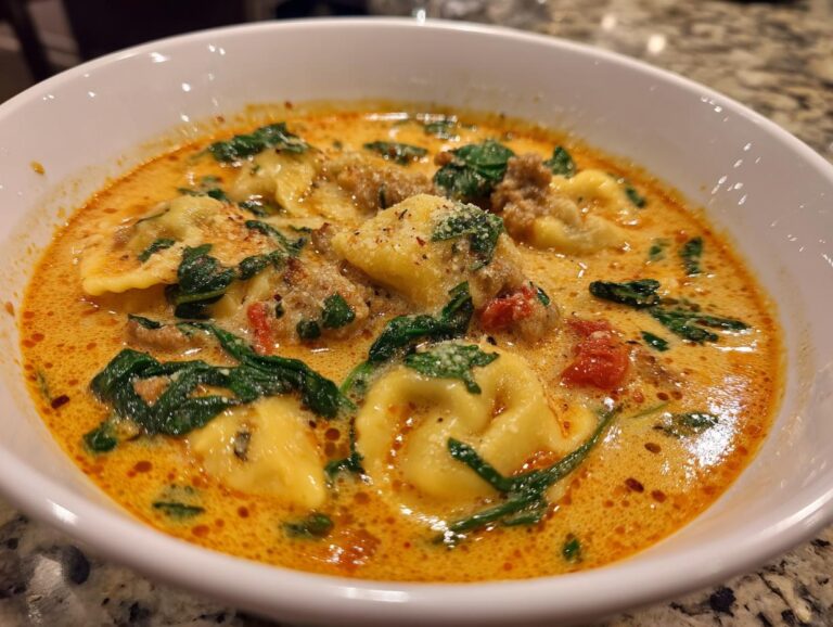 A close-up view of a white bowl filled with creamy, orange-hued ravioli soup featuring tortellini, sausage crumbles, spinach, and grated cheese.