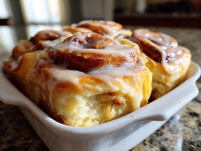 A close-up of several fluffy easy homemade cinnamon rolls topped with thick white icing in a white baking dish.
