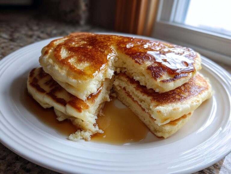 A stack of thick, fluffy greek yogurt pancakes drizzled generously with maple syrup on a white plate.
